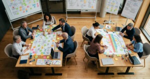 Illustration: Zwei Teams arbeiten in einem Strategieworkshop an großen visuellen Arbeitsflächen mit Haftnotizen