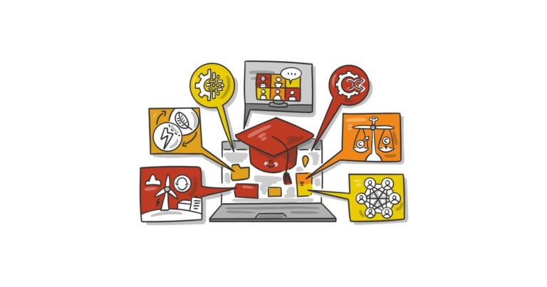 Visual Thinking: Illustration mit Laptop, Doktorhut und Themen-Icons in Sprechblasen